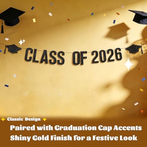 Oeyliz 2026 Graduation Banners Class of 2026 Graduation Banners Black Glitter Class of 2026 with Graduation Cap Banner Garland for Home School Decor Congratulation Graduations Party Supplies - Thumbnail 4