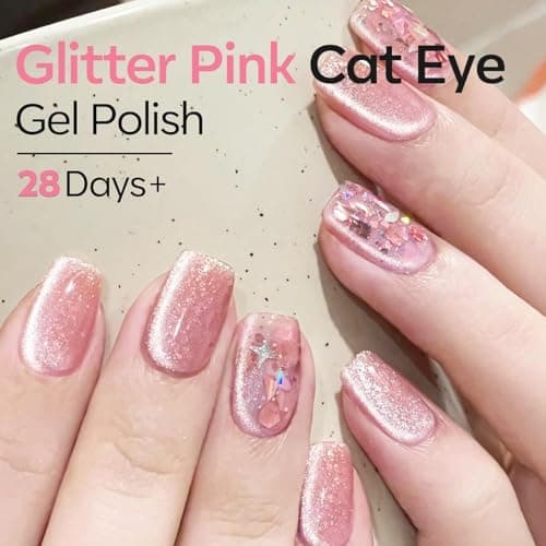 modelones Heart Cat Eye Gel Nail Polish, 2 PCS 15ML Pink Sliver Holographic 9D Cat Eye Glitter Multichrome Silver Pink Shades Polish with Magnet Soak Off Led Nail Art Gel DIY Salon Gift - Thumbnail 5