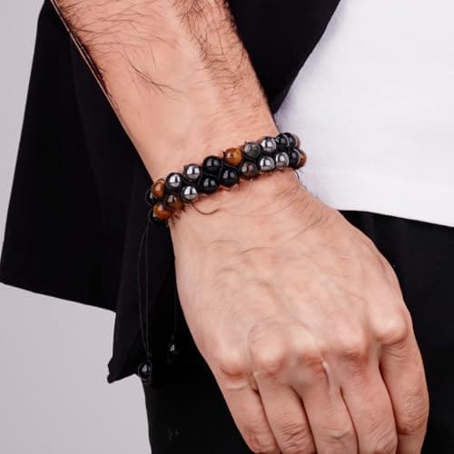 PAKUNDAS Triple Protection Bracelet - Men & Women's Crystal Bracelet with Tiger Eye, Hematite, and Black Obsidian - 8mm Natural Stone Beads Bring Good Luck, Prosperity, Happiness - Thumbnail 3