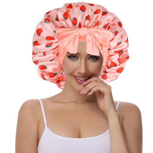 Vettres Hair Bonnet for Sleeping Satin Bonnets Silk Sleep Bonnet Double Layer Satin Bonnet with Tie Strawberries - Thumbnail 2