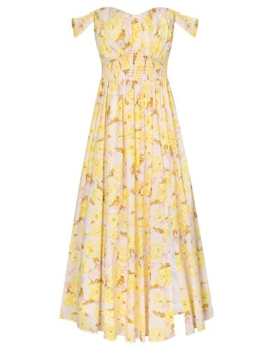 GRACE KARIN Summer Floral Dress for Women 2026,Off the Shoulder Smocked Bridesmaid Dresses,Formal Baby Shower Maxi Dresses Apricot Yellow XL - Thumbnail 3