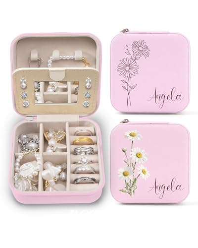 bccpnl Personalized Jewelry Travel Case(with mirror) with Your Name and Birth Flower,Personalized Gifts for Women - Festival gifts, Bridesmaids Gifts, Small Travel Jewelry Box Organizer (cherry pink) - Image 1
