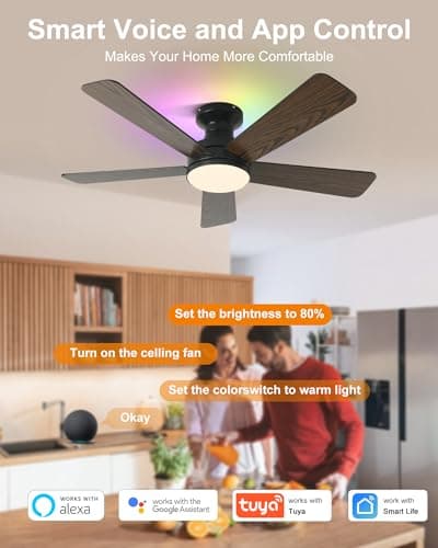 Ombrin 42 Inch Ceiling Fans with Lights, Smart Ceiling Fan with Alexa Google App, Black Ceiling Fan with RGB Lights Remote, 6 Speeds Reversible DC Motor, Modern Flush Mount for Bedroom Living Room - Thumbnail 2