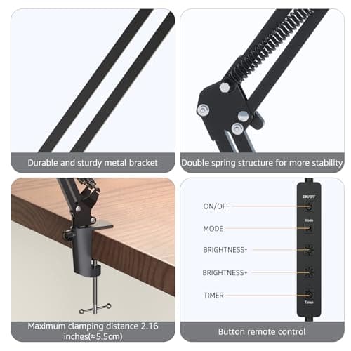 Upgrade Swing Arm LED Desk Lamp with Clamp, 80 LED Beads, 5 Color Modes & 11 Brightness Levels, 360° Adjustable Arm, Eye-Caring Light CRI95, Timer & Memory Function, for Office, Study, Crafting - Thumbnail 4
