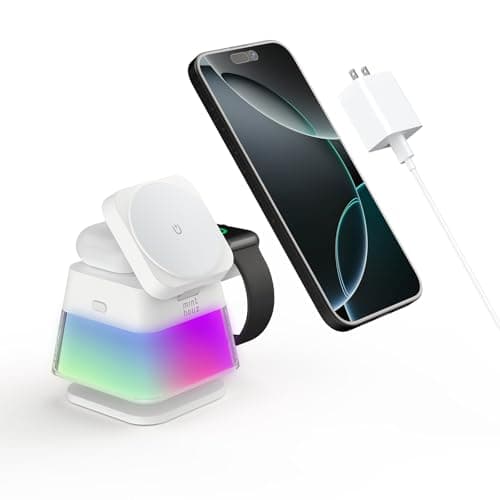 Minthouz 3 in 1 Charging Station for iPhone, Wireless Charger for Apple, Charging Station for Multiple Devices with Multi-Color Light for iPhone 16, 15, 14, 13, 12 Pro, Apple Watch & AirPods Pro/4/3/2 - Image 1