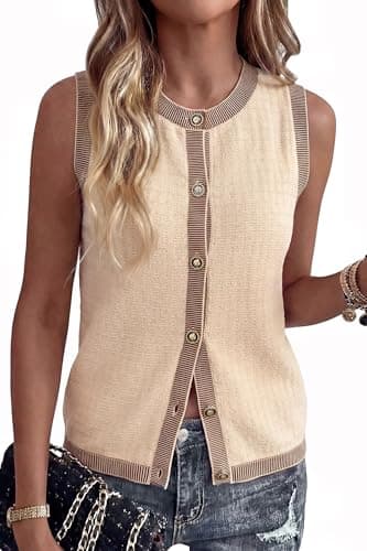 Arach&Cloz Spring Women's Cotton Crewneck Button Sweater Vests Tops 2026 Summer Business Casual Outfits Dressy Trendy Sleeveless Old Money Work Tank Clothing Fashion Cardigan Clothes Apricot XL - Image 1