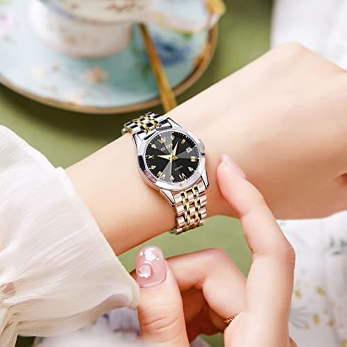 OLEVS Watch Women Black Face Gold and Silver Watches for Women Waterproof Luxury Two Tone Stainless Steel Ladies Watches for Small Wrists Vintage Analog Quartz Womens Watch with Date Reloj para Mujer - Thumbnail 2
