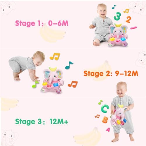 Ryotagift Baby Bilingual Musical Elephant Stuffed Animals Toys, Infant Early Learning Toy with Light-Up Music & Crinkle, Tummy Time Toys for 0 3 6 9 12+ Months for Baby Boy Girl Gift, Pink - Thumbnail 6