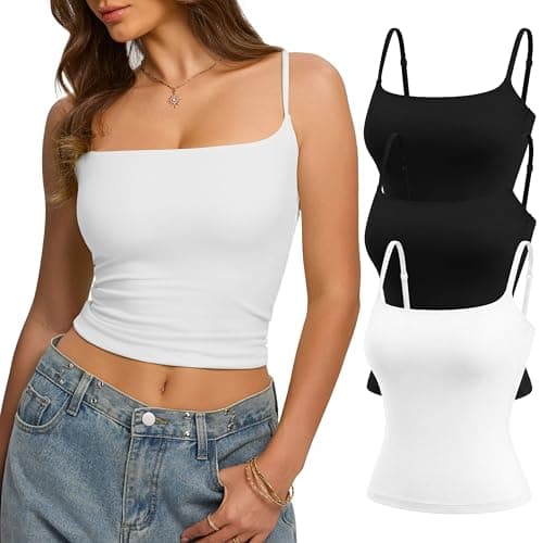 Missclub Black Tank Top Woman Square Neck Double Lined Tank Tops Fitness Spaghetti Strap White Going Out Outfits 3 Pack XS - Image 1