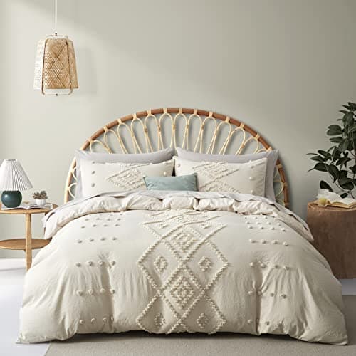 Oli Anderson Tufted Duvet Cover Twin Size, Soft and Lightweight Duvet Covers Set for All Seasons, 2 Pieces Boho Embroidery Shabby Chic Bedding Set (Beige, Twin, 68" x 90") - Image 1