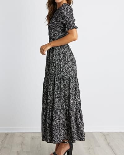 BTFBM Women Casual Summer Dresses 2025 Spring Crew Neck Ruffle Short Sleeve Floral Print Smocked Boho Flowy Maxi Dress(Floral Black White, Small) - Thumbnail 4