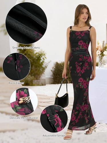 ZAFUL Pink Flower Dress Wedding Guest Dress for Women's Sexy Dress Formal Sleeveless Mesh Ruched Bodycon Maxi Party Long Dresses Sexy - Thumbnail 4