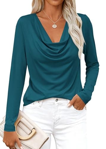PRETTYGARDEN Womens Spring Tops 2026 Dressy Cowl Neck Long Sleeve Shirts Loose Business Casual Blouses Teacher Tunic Top(Dark Lake Blue,3X-Large) - Image 1