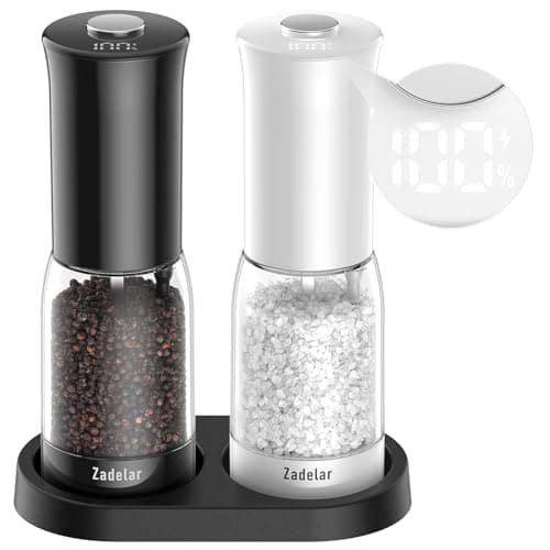 Salt and Pepper Grinder Set with LED Power Display Larger Capacity Salt and Pepper Shakers Set Rechargeable Electric with Flexible Coarsenes LED Light One Hand Operation for Kitchen(White+Black)