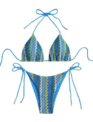 ZAFUL 2 Piece Triangle Bikini for Women Knitted Rope Halter Bikini Sets Sexy Bathing Suit Side Tie Swimsuits Beachwear Blue M