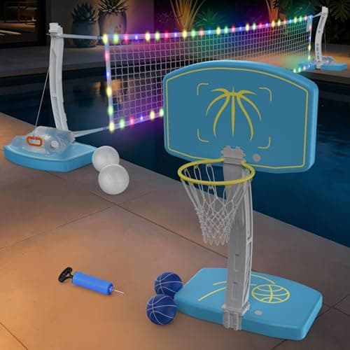 Goregent Pool Basketball Hoop and Volleyball Combo 2-in-1, LED Pool Volleyball Net Set with Adjustable Net, Stainless Steel Basket, Swimming Pool Games for Poolside Inground Summer Party - Image 1