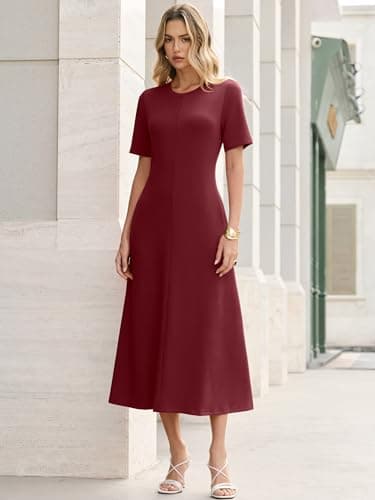 ANRABESS Womens Summer Maxi Dresses Casual Short Sleeve Elegant Classy Vintage 2026 Spring Flowy Cocktail Dress 80s Outfit Dark Red Large - Thumbnail 4