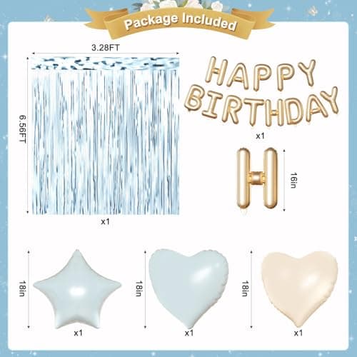 Blue Birthday Decorations, Dusty Light blue Sand White Gold Confetti Foil Balloons Happy Birthday Banner Gold Butterfly Fringe Curtains, Dusty Blue Birthday Decorations for Girls Women - Thumbnail 3