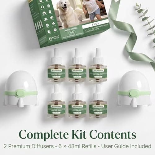 8-in-1 Dog Calming Pheromone Diffuser Kit – Pet Stress Support (2 Plug-Ins & 6x48ml Refills), Calming Diffuser for Dog During Thunderstorms, Travel, Separation, Fireworks & Vet Visits, 180-Day Supply - Thumbnail 6