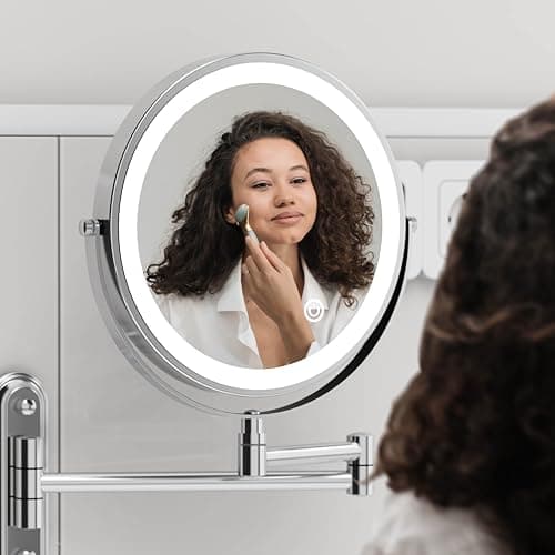 Rocollos Rechargeable Wall Mounted Lighted Makeup Mirror, 8 Inch Double-Sided LED Vanity Mirror 1X/10X Magnification,3 Color Lights Touch Screen Dimmable (Narrow Base-Chrome) - Thumbnail 6