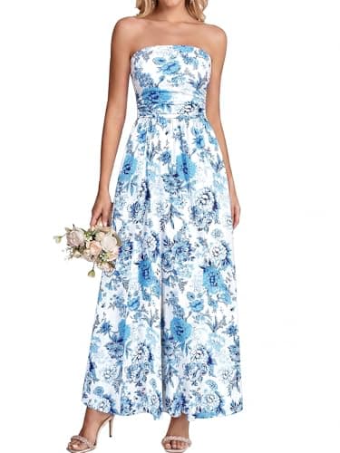 BTFBM Summer Maxi Dresses for Women 2026 Strapless Tube Top Floral Spring Wedding Guest Dress Beach Vacation Outfits(White Blue Flower, XX-Large) - Image 1