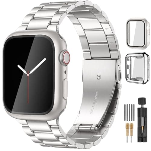 Lerobo Metal Band Compatible With Apple Watch Bands Series 3/2/1 38mm,Classic Stainless Steel Metal Strap for iWtach with 2 Pack Screen Protector Cases for Apple Watch Series 3 2 1 Men Women - Image 1