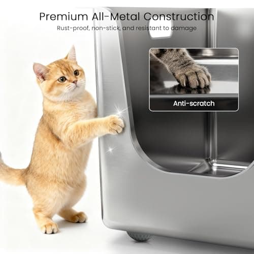 Stainless Steel Litter Box 11.8'' High Sides, XL Metal Cat Litter Box with Curved Low Entry, Cat Litter Pan for Big & Multiple Cats, Pet Toliet with Handy Wheels for Easy Moving - Thumbnail 3