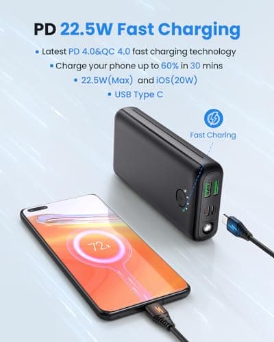 DAOLOT Portable Charger Power Bank 30000mAh USB C 22.5W Fast Charging External Battery Pack PD QC4.0 with Flashlight 3 Outputs & 2 Inputs Battery Bank for iPhone Samsung Galaxy iPad etc (Black) - Thumbnail 2