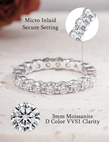 IMOLOVE Moissanite Wedding Band for Women, 3MM 18K White Gold Plated Sterling Silver Full Eternity Ring D Color VVS1 Round Cut Anniversary Promise Jewelry Size 7.5– Shine Bright, Spend Light - Thumbnail 2