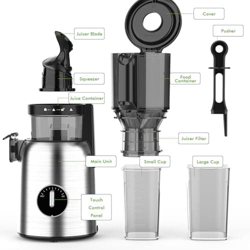 Kismile 300W Cold Press Juicer, 5.4" Wide Feed Chute, Slow Masticating Juicer Machines Vegetable and Fruit, Electric Juicers Juice Maker with Reverse Function, Stainless Steel Juicer Easy to Clean - Thumbnail 6