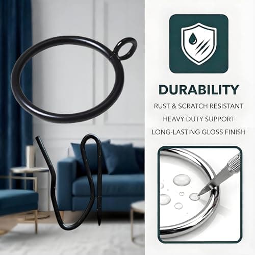 Curtain Rings with Eyelets, Metal Curtain Hooks for Drapes, Drape Ring 1.5 in Inner Diameter Fits Up to 1 1/4 inch Curtain Rod, 1.2 in Drapery Pins (22 Pcs Black Curtain Rings and 30 Pcs Black Hooks) - Thumbnail 4