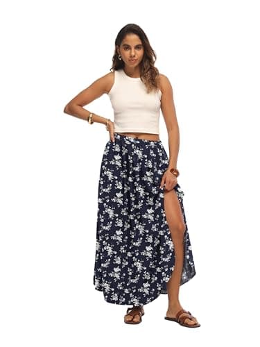 HiMONE Elegant Long Skirt for Women Boho Maxi Skirt with Elastic Waist Side Slit for Church Office Spring Wear - Thumbnail 2