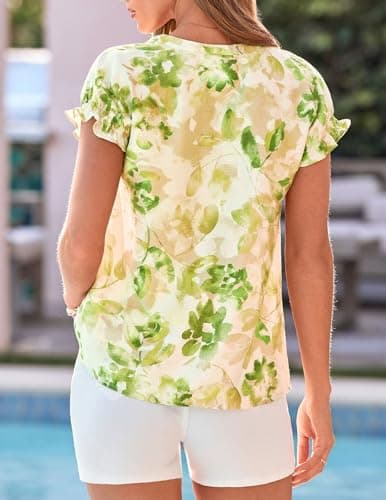 PRETTYGARDEN Womens Floral Print Short Sleeve Summer Tops 2026 Trendy V Neck Loose Boho Shirts Casual Work Blouses (Green,XX-Large) - Thumbnail 5