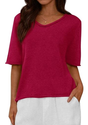 BTFBM Sweaters for Women 2026 Summer Oversized Half Short Sleeve Knitted Pullover V Neck‌ Casual Loose Fit Spring Tops(Red, X-Large)