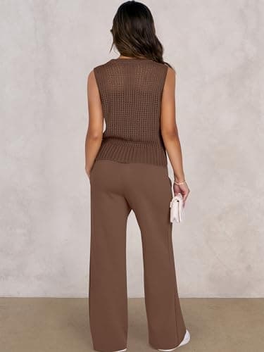 ANRABESS Women 2 Piece Summer Outfits 2026 Crochet Sweater Vest Wide Leg Pants Lounge Matching Sets Travel Vacation Clothes Brown Medium - Thumbnail 4