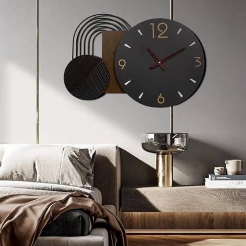 Anmotpe Wall Clock Modern Battery Operated Black Big Clocks Metal& Wood Retro Style Large Wall Watch Metal Walnut Dial Wall Clock Perfect for Modern Home,Office 26inchX18inch - Thumbnail 5