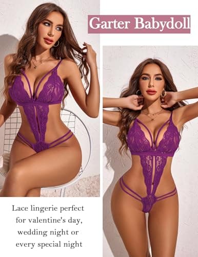 Avidlove Teddy Lingerie for Women Lace Body suit Teddy Bodydoll Lingerie (Light Purple, X-Small) - Thumbnail 5
