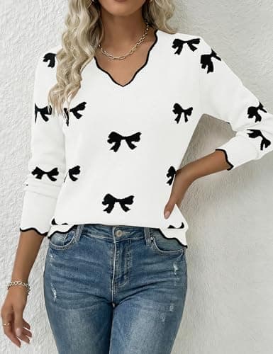 LaGracia Womens Fall V Neck Sweater 2026 Lightweight Casual Long Sleeve Ribbed Knit Pullover Sweaters Dressy Fall Outfits White-Bow L - Thumbnail 2