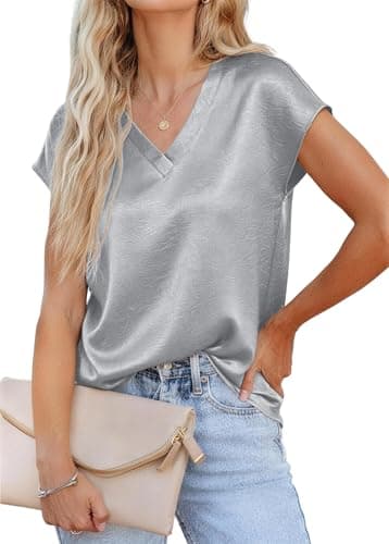 RUMIA Short Sleeve Satin Blouses Tops for Women- Ladies V Neck Blouse Shirt Dressy Casual Bussiness Work Outfit Grey - Image 1