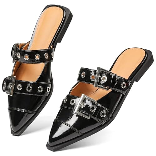 Grakihily Buckle Flats for Women Pointy Toe Wide Welt Buckled Mules Low Block Heel Slippers Mary Jane Shoes Comfortable Ballerina Flats - Image 1