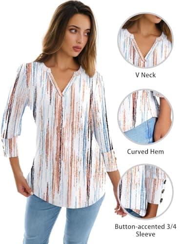 NORACORA Womens Tops 3/4 Sleeve Printed Dressy Casual Blouses for Women V Neck T Shirts Beach Vacation Boho Floral Spring Summer Outfits Brown-Blue Stripes XXL - Thumbnail 6