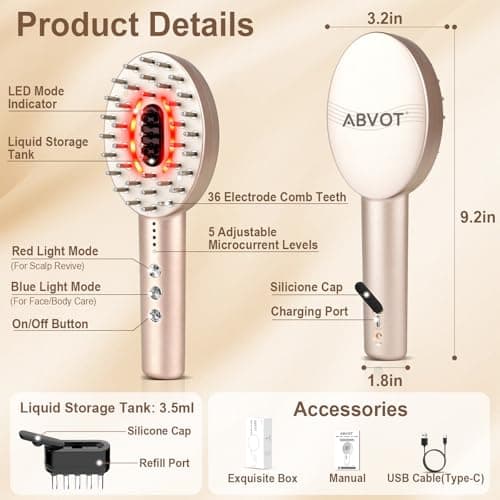 ABVOT 3-in-1 Electric Scalp Massager with Hair Oil Applicator, Red & Blue Light Modes, Vibrating Massage Tool for Scalp/Face/Body Relaxation, Portable Scalp Massager Brush for Travel (Champagne) - Thumbnail 6