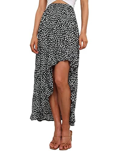 BTFBM Women 2026 Spring Summer Long Skirts Dress Boho Floral Elastic Waist Split Ruffle High Low Beach Maxi Skirt Clothes(Black White, Medium) - Image 1
