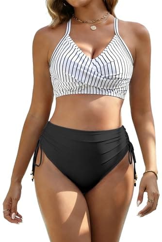 GKBK Womens High Waisted Bikini Sets Drawstring Tummy Control Swimsuits Crisscross Tie Back Bathing Suit Stripe Black L - Image 1