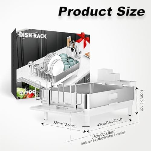 Ewaiira Dish Drying Rack, 304 Stainless Steel Dish Racks for Kitchen Counter, Dish Drainers with Automatic Drainage, Utensil Holder & Cups Holder, Space Saving Kitchen Organizer, White - Thumbnail 3