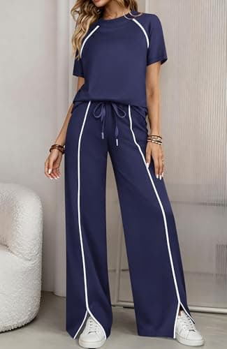 BTFBM Casual Two Piece Sets For Women Summer Outfits Solid Matching Sweatsuit Lounge Set Wide Leg Pants Workout(Navy Blue,X-Large) - Thumbnail 4
