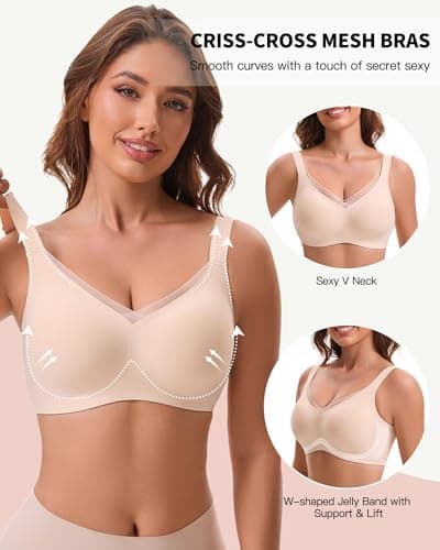 COMFBAY Women's Jelly Wireless Bras, V-Mesh Gel Seamless Comfortable Push-Up Bra, No Underwire Supportive T-Shirt Bralette, Back Smoothing Everyday Padded Bra, Full Coverage Bra, Nude, L - Thumbnail 2