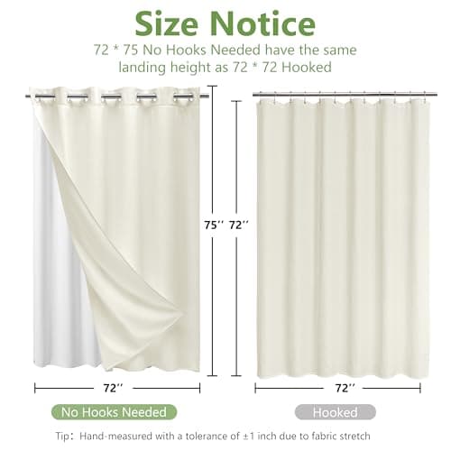 PILOTSHARK No Hook Waffle Weave Shower Curtain with Snap-in Fabric Liner,256GSM Heavy Duty Fabric Shower Curtain Set,Cream Waterproof Washable Luxury Shower Curtain for Bathroom Stall (72x75 Inch) - Thumbnail 2