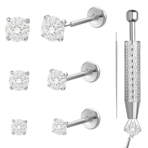 hooppoo 6Pcs Threadless Titanium Nose & Lip Studs | 20G Flat Back Push-in Labret Jewelry with 2/2.5/3mm Moissanite for Nostril, Tragus, Helix Piercing (Silver)