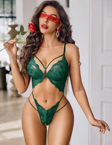 Avidlove Sexy Lingerie for Women Deep V Lace Teddy Cutout One Piece Bodysuit Lingerie for St.Patric's Day Green L - Thumbnail 6